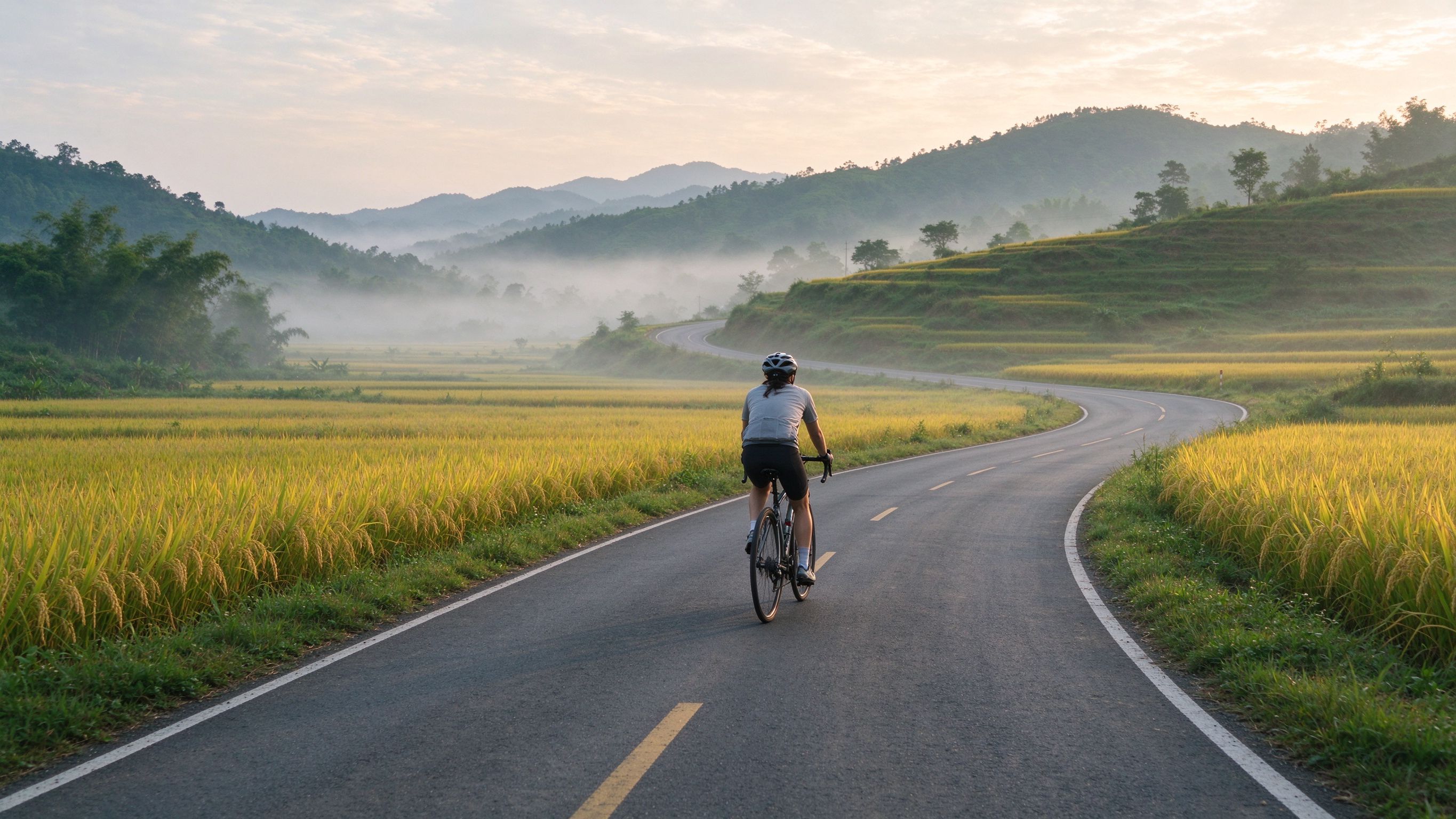 晨骑第一站：薄雾里的乡间公路